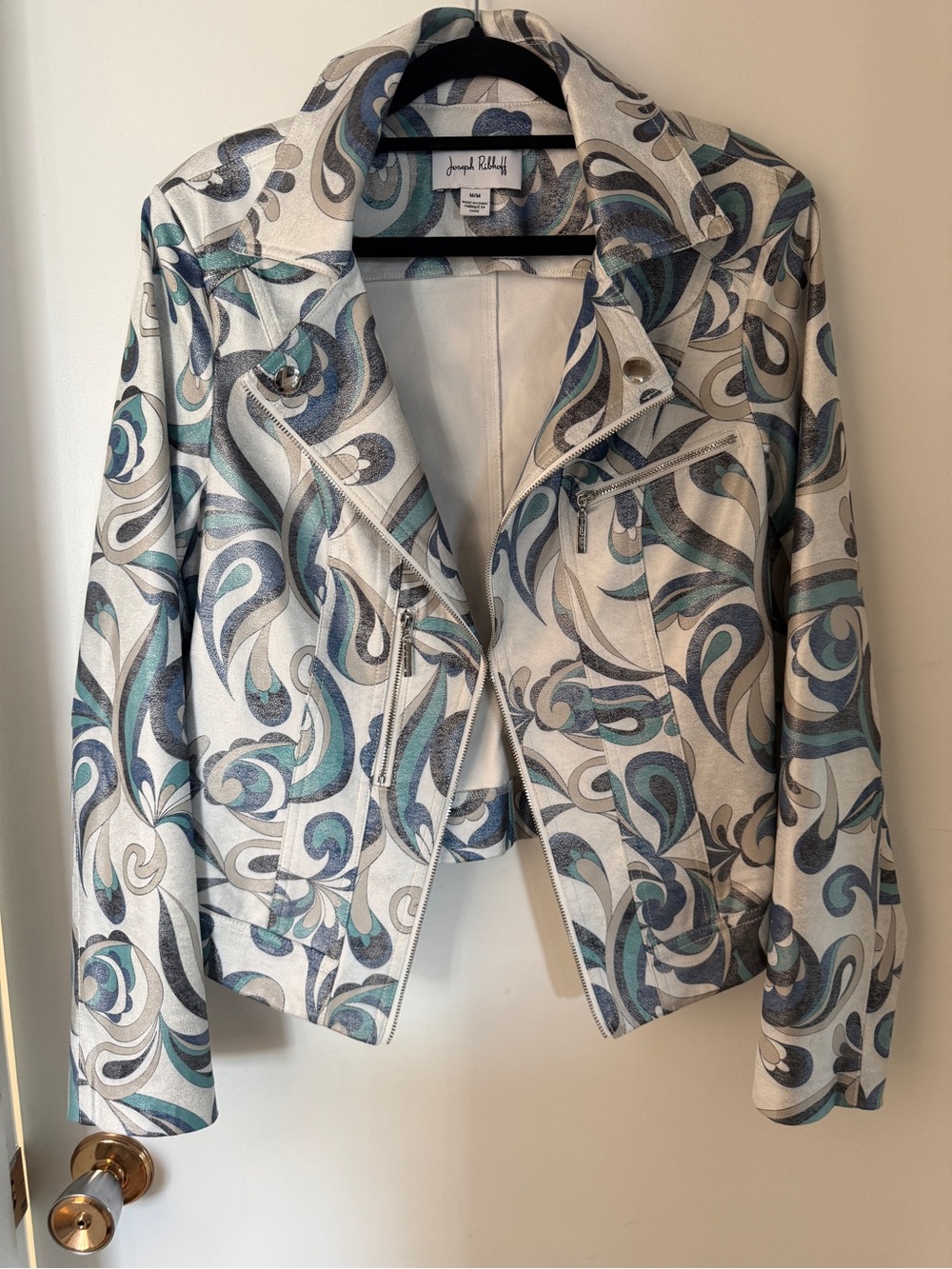 Joseph Ribkoff Paisley Moto Jacket M Blue Teal Faux Suede Biker Zip Blazer